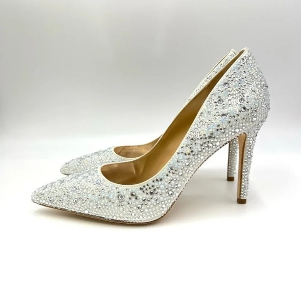 Badgley Mischka Size 8 Bethany Jeweled Stiletto White Satin‎ Pumps Heels Shoes